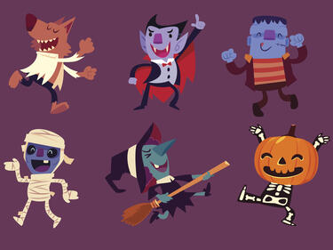Set of Halloween characters dancing in party