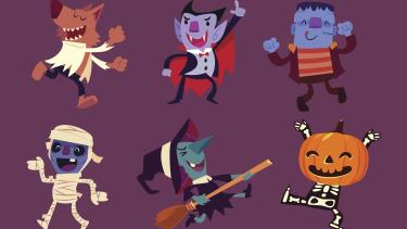 Set of Halloween characters dancing in party