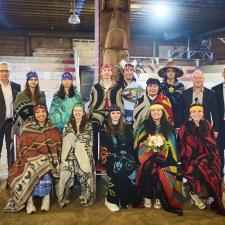 Ten Indigenous Role Models, Councillor Chris Silver, Superintendent Nosek, Deputy Supertendent Ngieng and City of Abbotsford Mayor Siemens pose for a photo in the longhouse